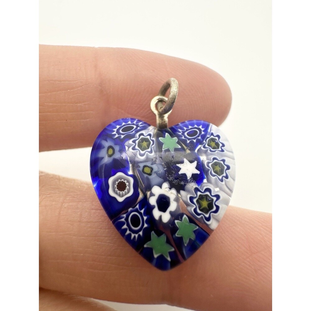 Murano Glass Millefiori Heart Pendant Blue White